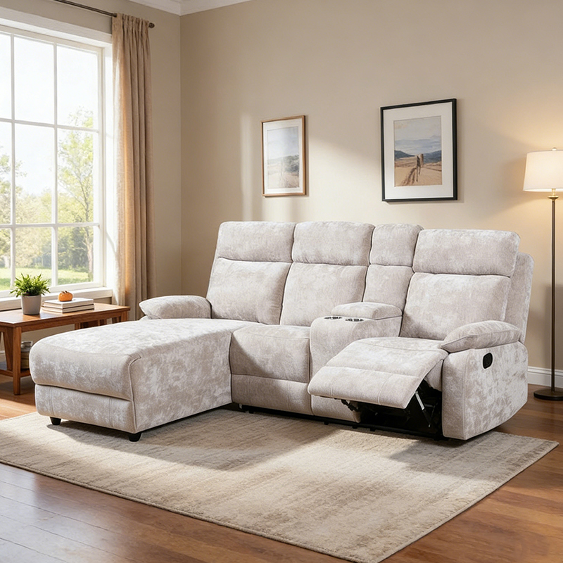 Divano componibile chaise longue in ciniglia con pouf