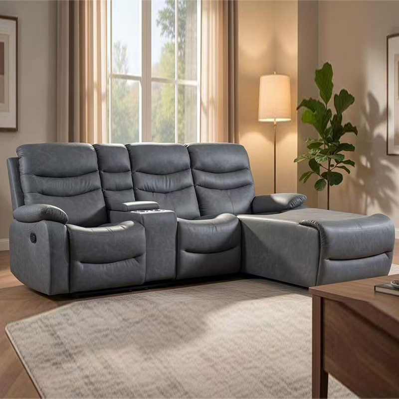 Sezione reclinabile manuale imbottita blu con chaise longue e contenitore