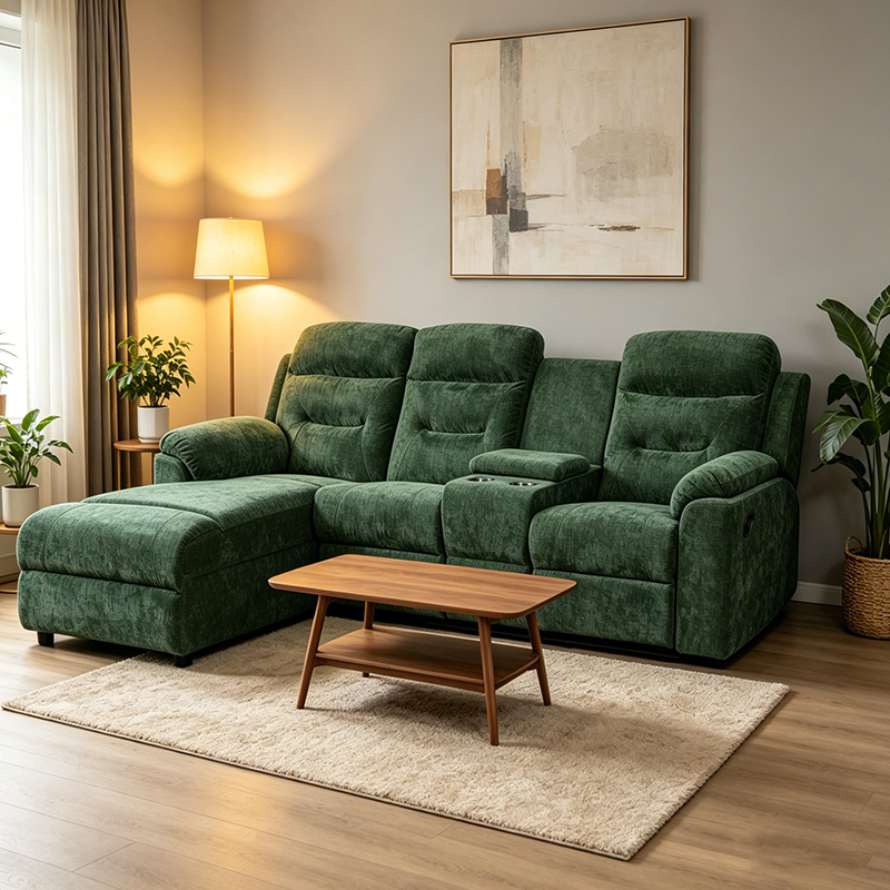 Chaise longue reclinabile manuale verde componibile per 3 persone con console portaoggetti
